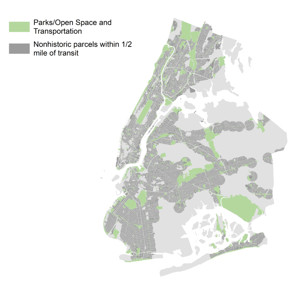 All NYC parcels within one-half mile of a subway or commuter rail stop