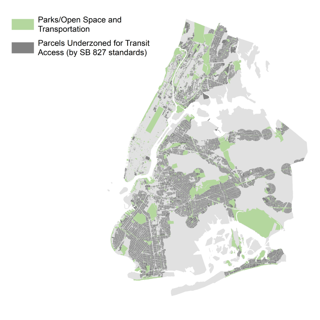 NYC parcels within one-half mile of major transit and underzoned by SB 827 standards